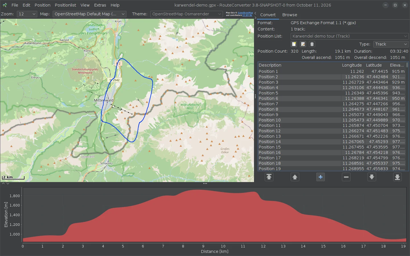 RouteConverter on Linux with a demo tour near Mittenwald on the map, its position list and the elevation profile