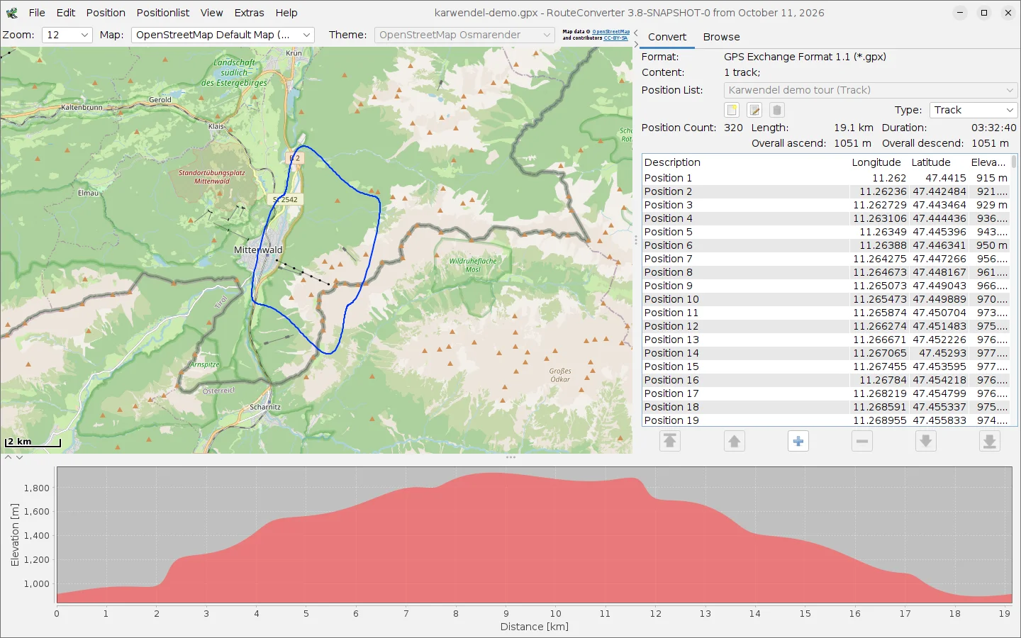 RouteConverter on Linux with a demo tour near Mittenwald on the map, its position list and the elevation profile