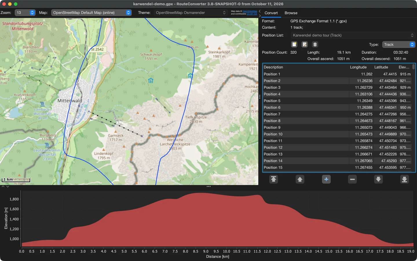RouteConverter on macOS with a demo tour near Mittenwald on the map, its position list and the elevation profile