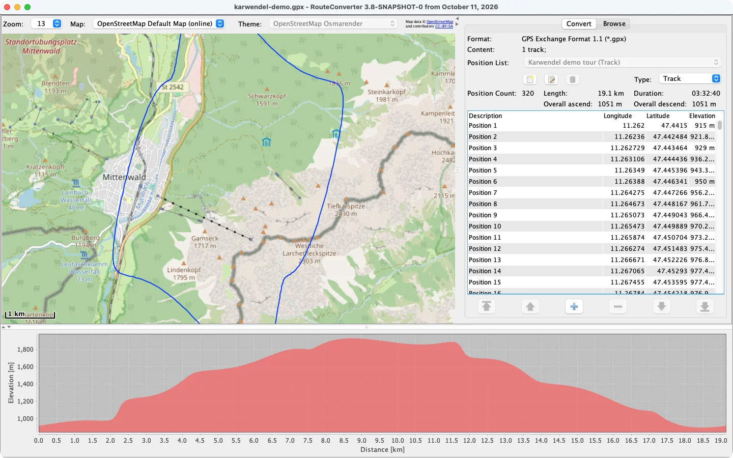 RouteConverter on macOS with a demo tour near Mittenwald on the map, its position list and the elevation profile