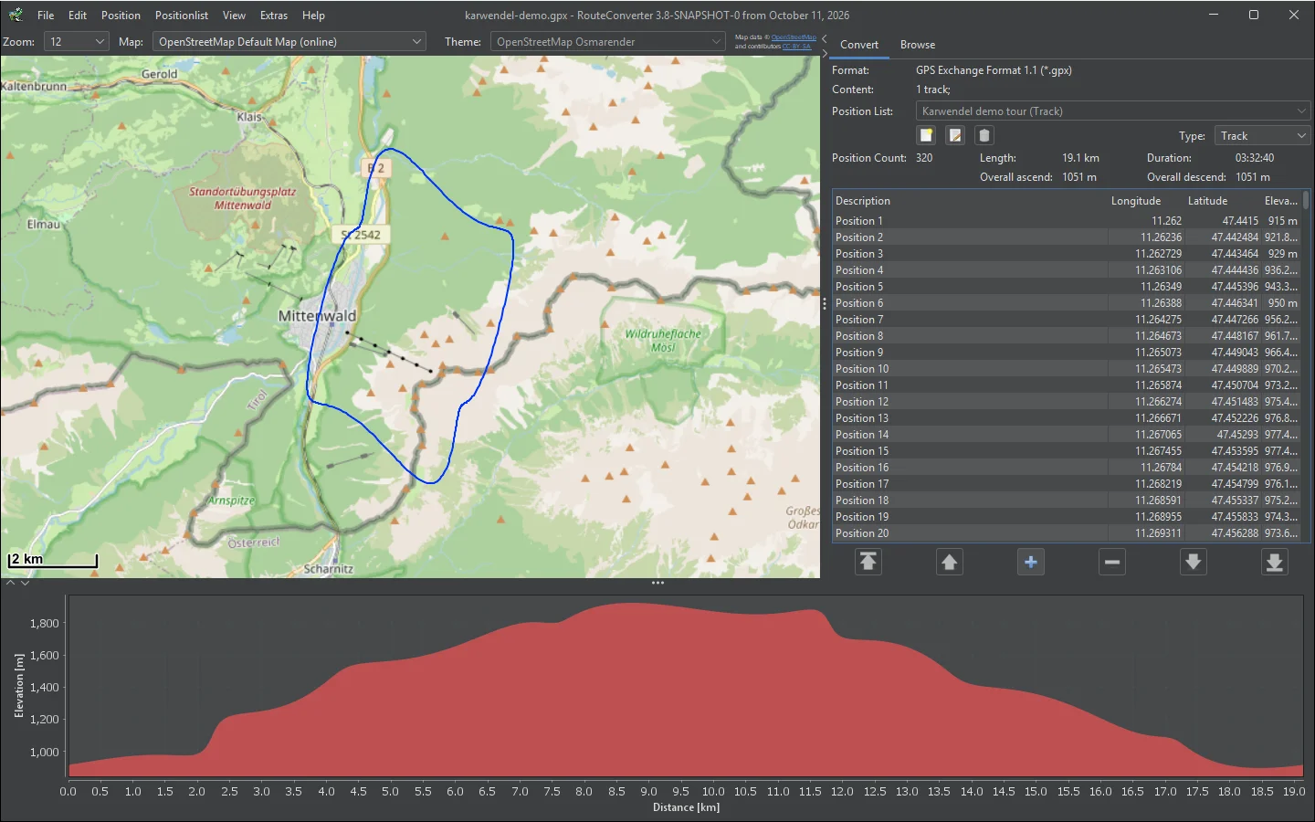 RouteConverter on Windows with a demo tour near Mittenwald on the map, its position list and the elevation profile