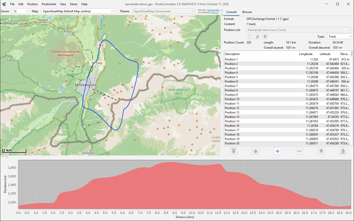 RouteConverter on Windows with a demo tour near Mittenwald on the map, its position list and the elevation profile