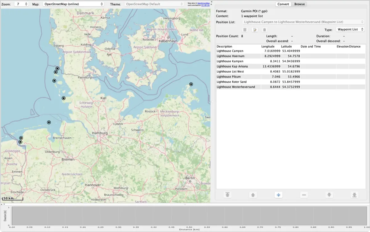 RouteConverter showing a Garmin POI (.gpi) file of lighthouses on the German coast shown as points on the map, with its position list