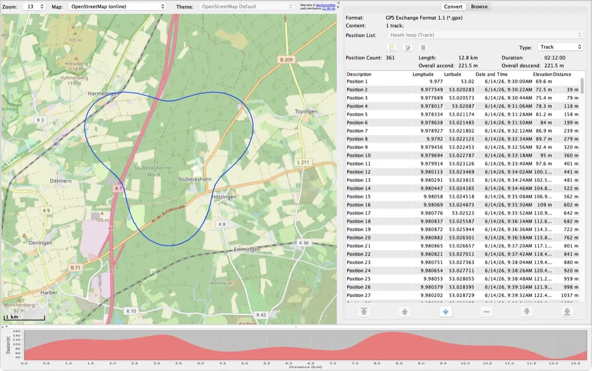 RouteConverter showing a GPX track of a heath loop on the map, with its position list and elevation profile