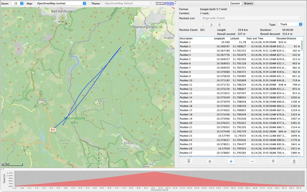 RouteConverter showing a Google Earth KML track of a ridge walk in the Harz on the map, with its position list and elevation profile