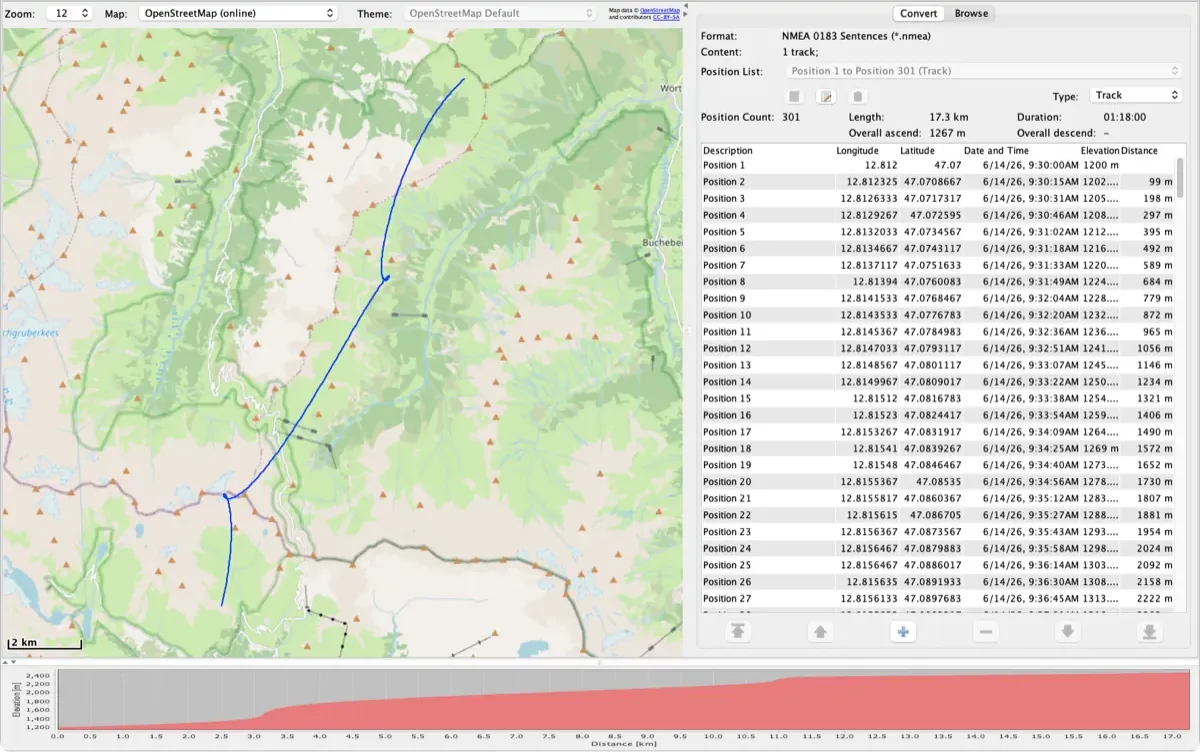 RouteConverter showing an NMEA track of an alpine pass road on the map, with its position list and elevation profile