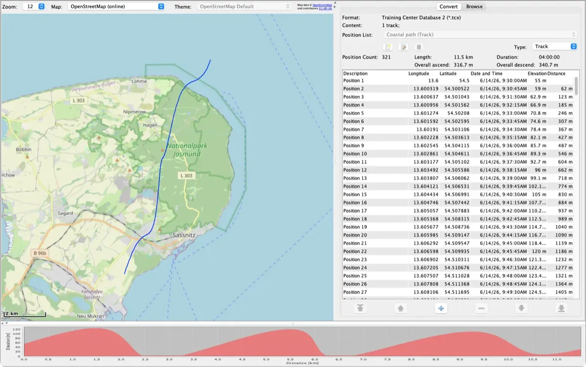 RouteConverter showing a TCX track along a coastal path on Rügen on the map, with its position list and elevation profile