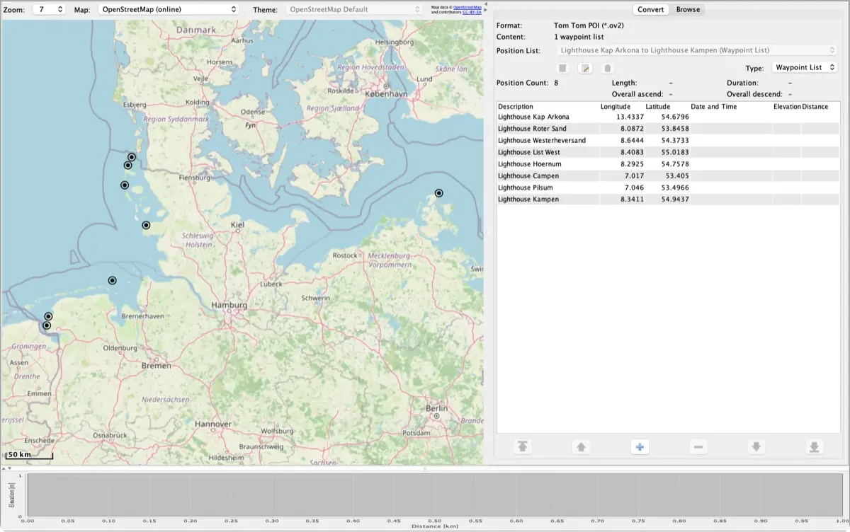 RouteConverter showing a TomTom OV2 file of lighthouses on the German coast shown as points on the map, with its position list