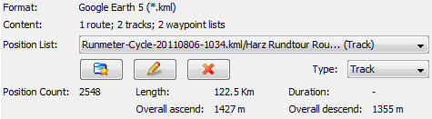 File information panel listing the data inside a GPS file