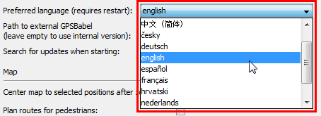 RouteConverter language selection in the options dialog
